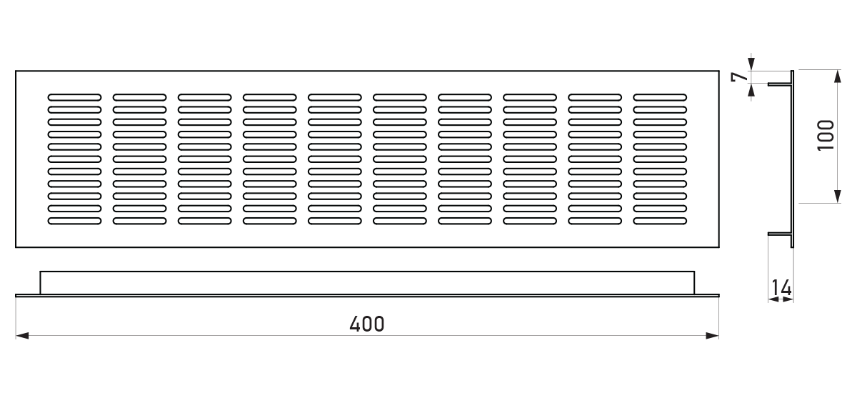 VRS-001A-9005 - Crtež crne ventilacione rešetke 100×400 mm